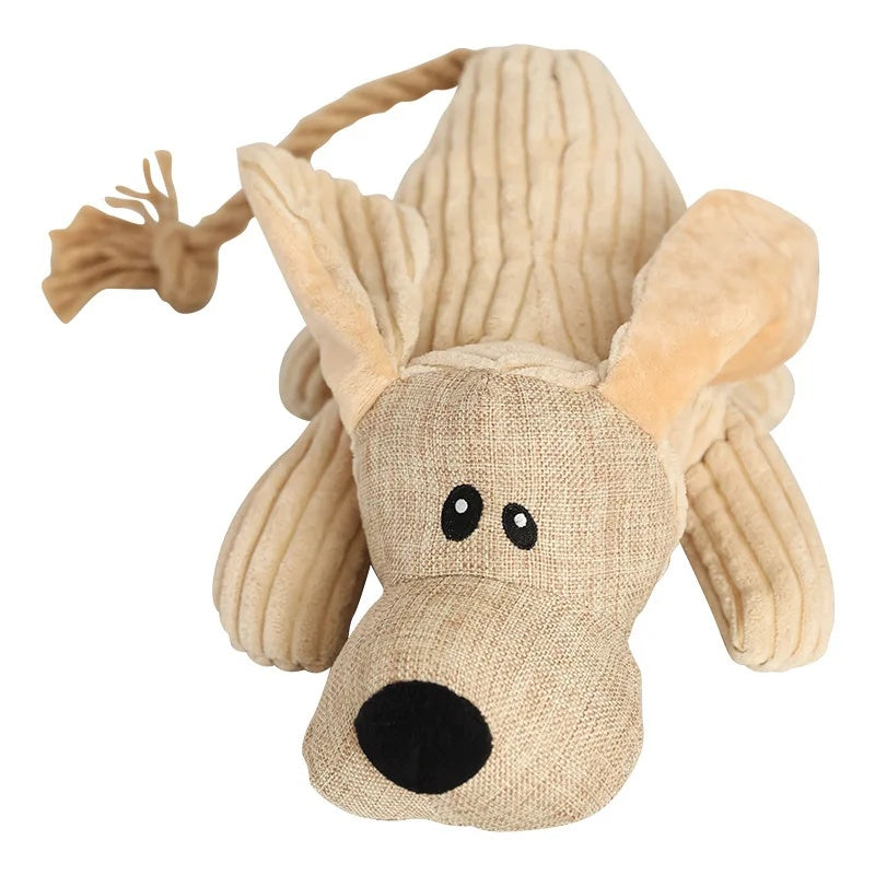 Top view of the beige corduroy dog squeaky toy with floppy ears and a braided rope tail.