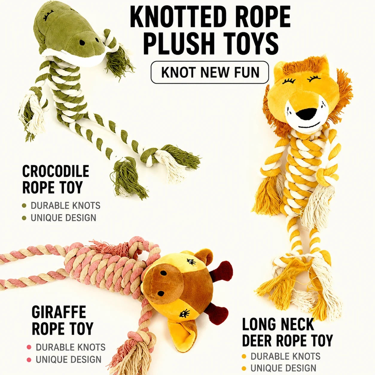 Durable cotton rope dog chew toys in lion, giraffe, and crocodile designs, perfect for interactive play.