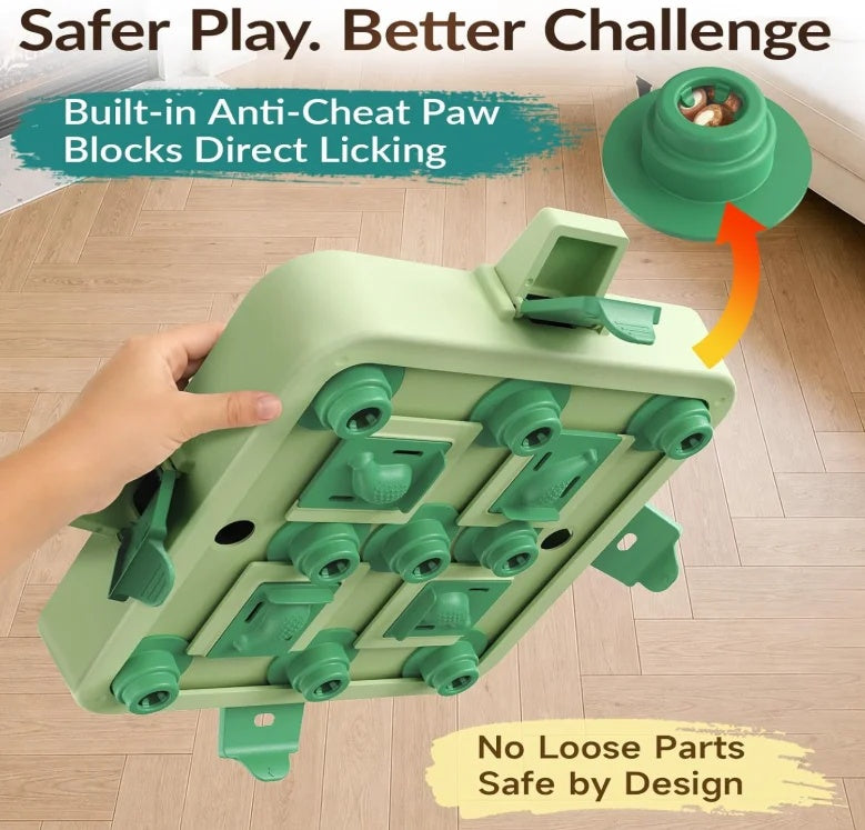 A happy Corgi dog posing next to the Gigletto green interactive dog puzzle toy showing sliding treats compartments.
