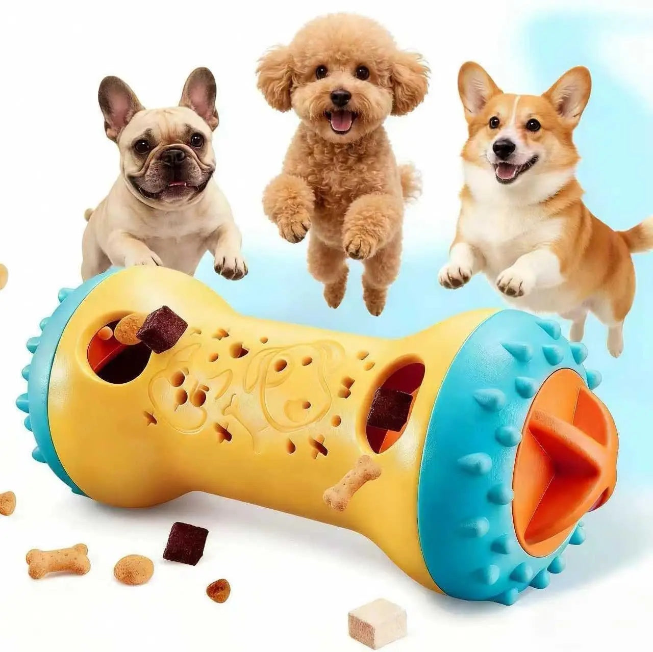 French Bulldog, Poodle, and Corgi jumping happily above a yellow and blue rolling slow feeder toy with treats.