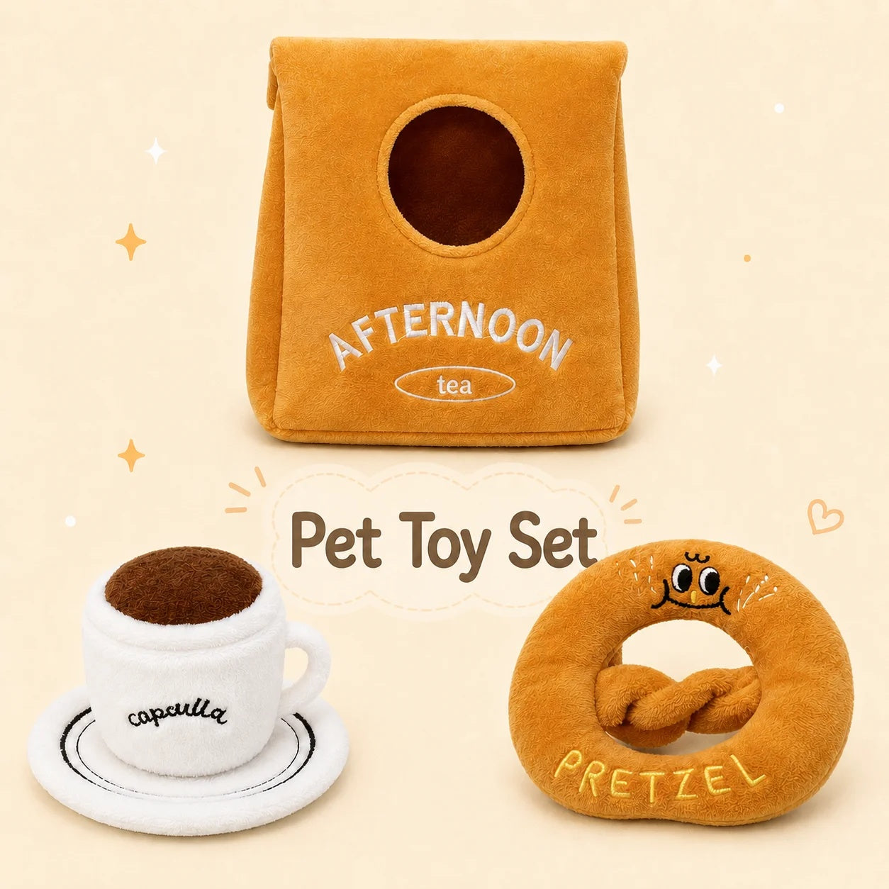 Full collection of the Afternoon Tea themed squeaky plush dog snuffle toys neatly displayed.