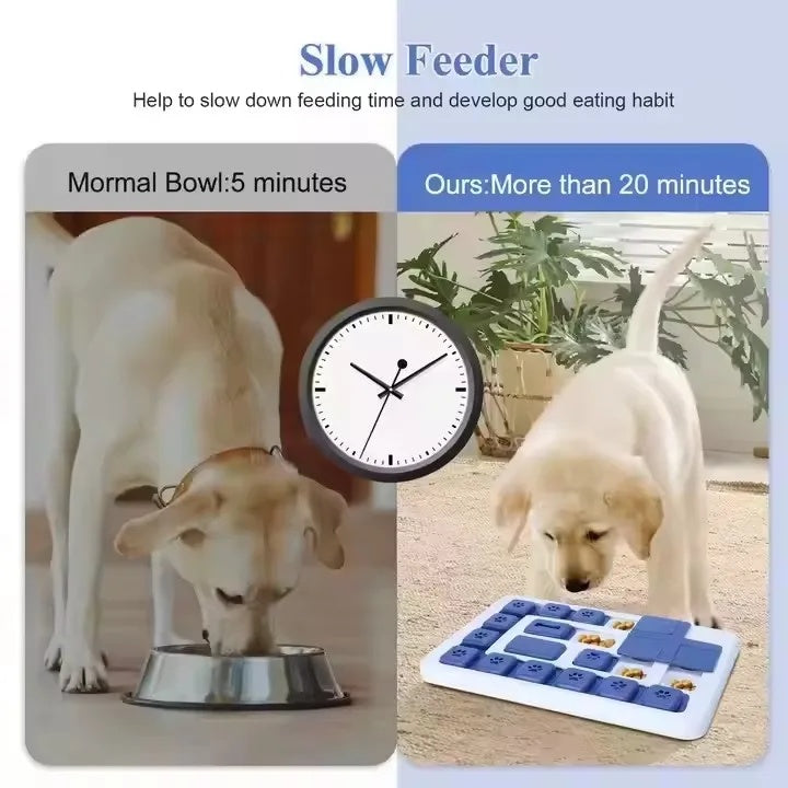 Comparison graphic showing a normal dog bowl vs the puzzle slow feeder, extending eating time from 5 to 20 minutes.