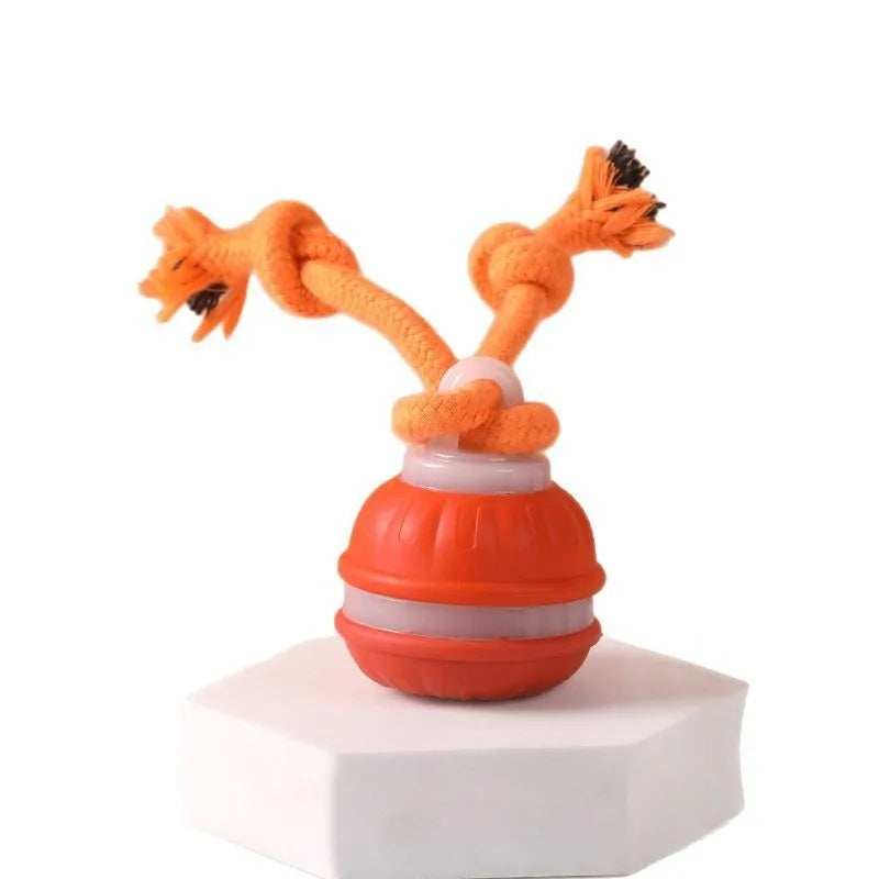 Orange smart rolling ball toy showing the safe, bite-resistant silicone texture and sturdy rope.