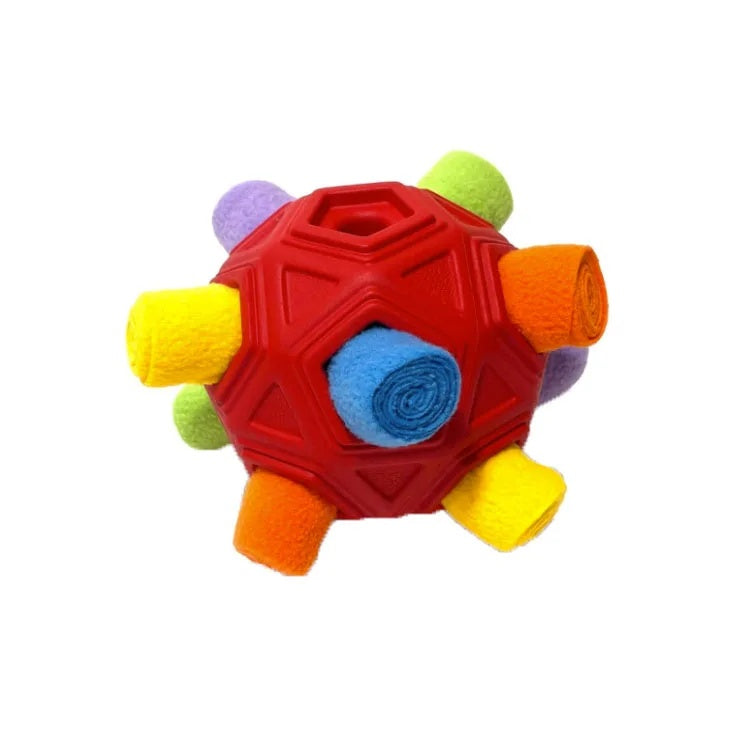 Close-up of a blue interactive dog puzzle toy ball showing durable TPR material and soft fleece textures.