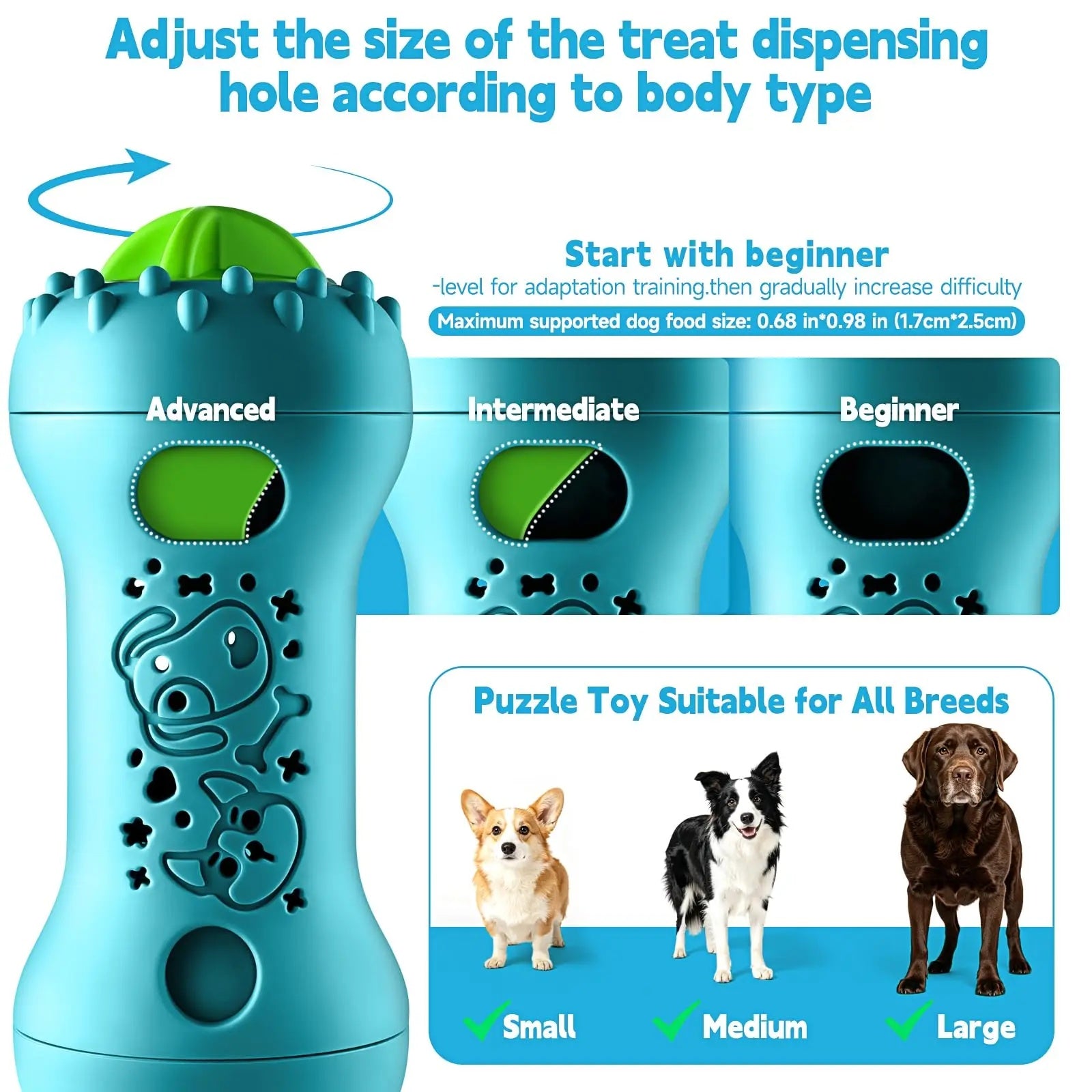 Cute puppy happily nudging the rolling puzzle toy with its nose to release small treats.