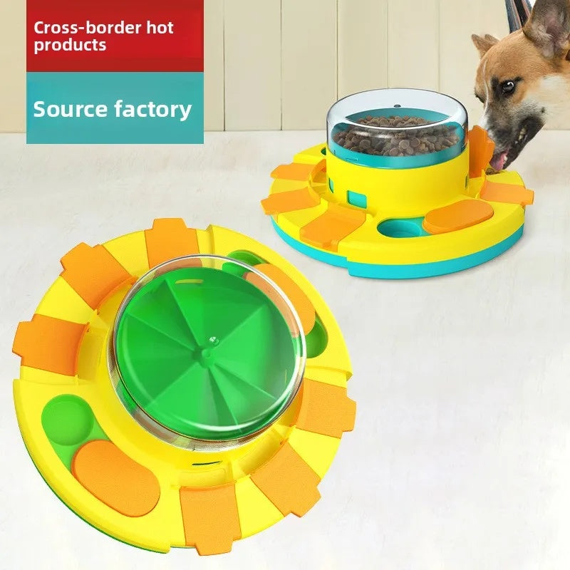 Bright yellow and green interactive dog puzzle toys shown in two angles with a dog enjoying treats from the slow feeder.