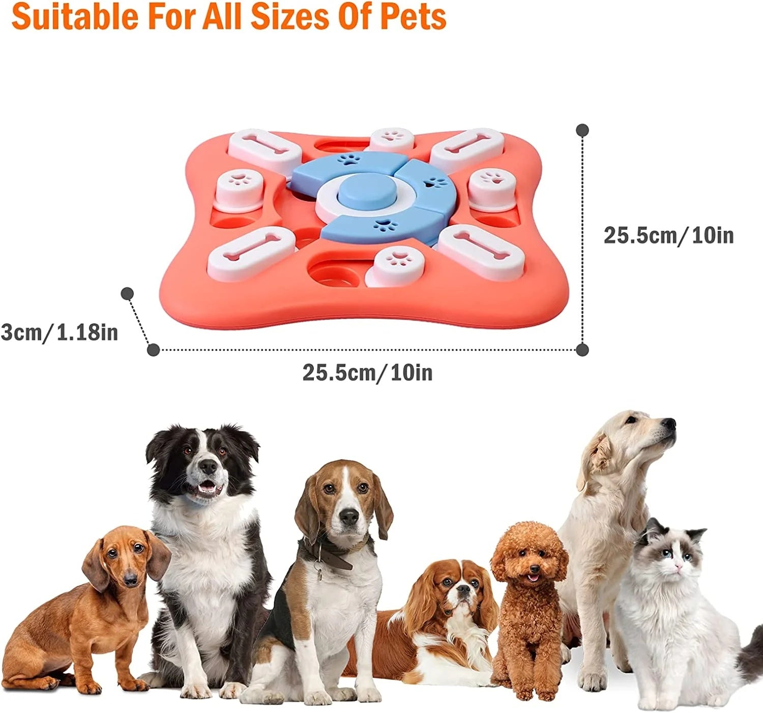 Size diagram of the 10-inch square dog puzzle toy with various dog breeds and a cat sitting below.