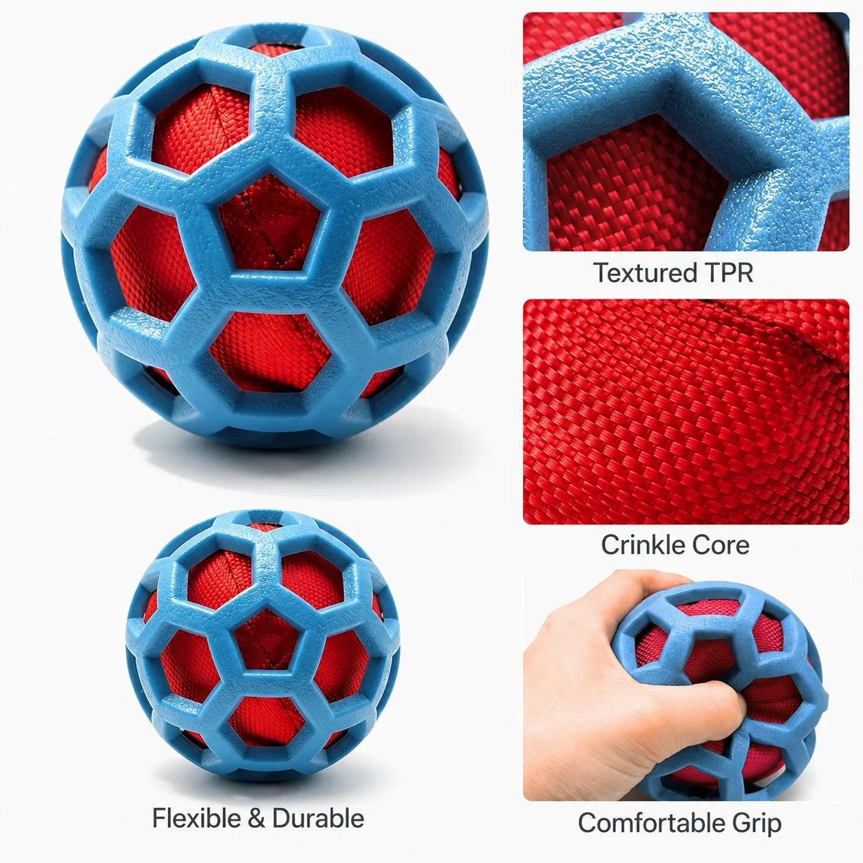 Close-up of the textured blue TPR material, red crinkle core fabric, and a hand squeezing the flexible dog toy.