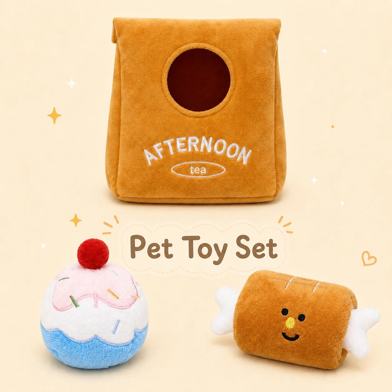 Close-up of the soft textured plush croissant and donut dog squeaker toys showing high-quality details.