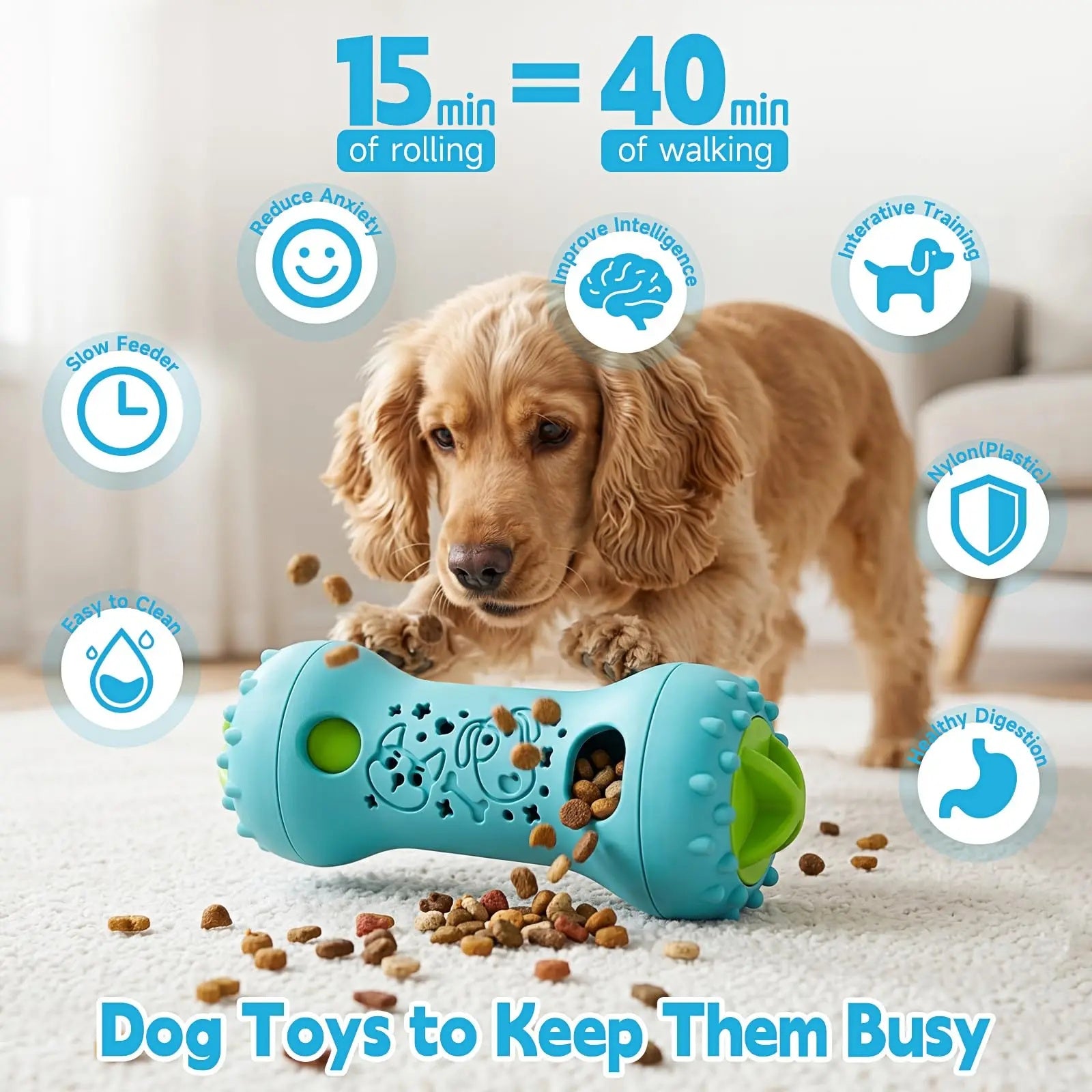 Close-up of durable food-grade material and textured rubber ends of the interactive dog toy.