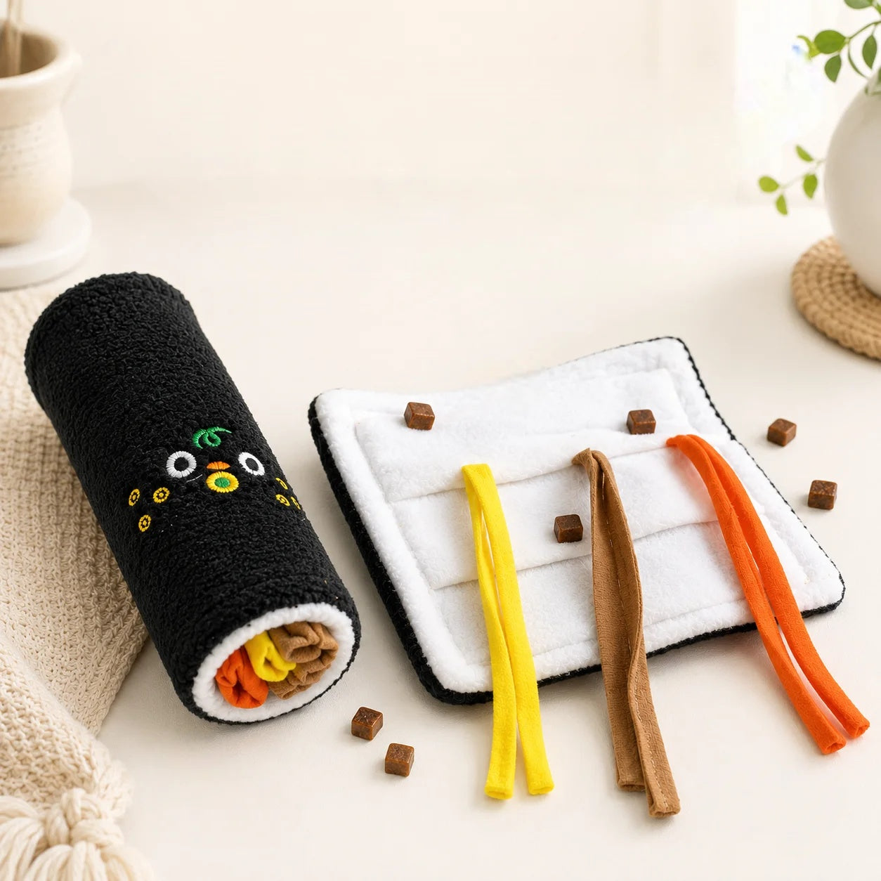 The black plush sushi roll next to the unrolled white snuffle mat with treat pockets and colorful felt hiding strips.