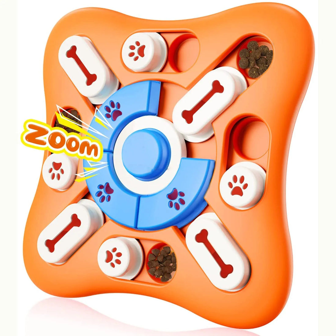 A beagle puppy using its nose to slide the orange and blue interactive dog puzzle toy with bone-shaped sliders.