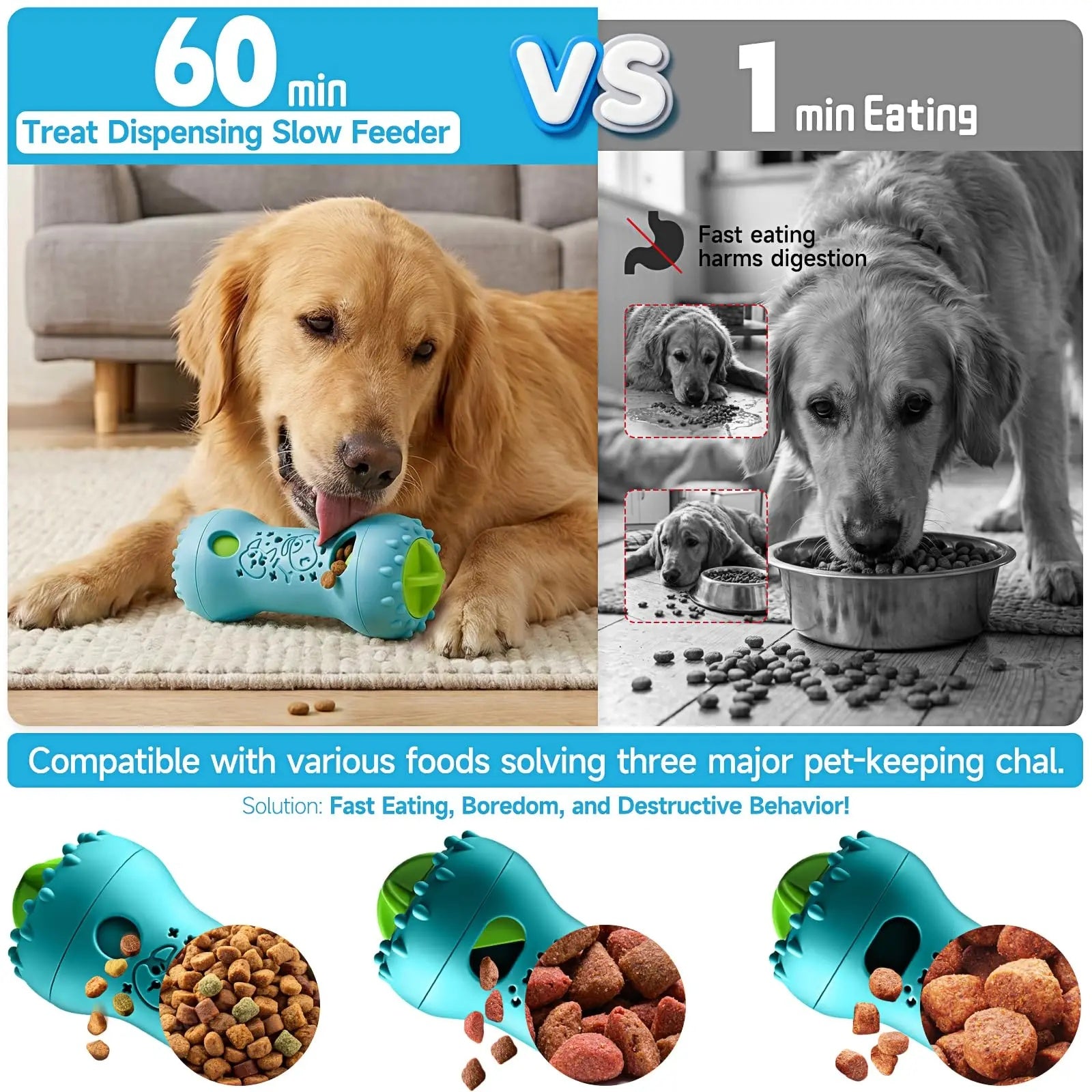 Two color options of the rolling slow feeder toy: yellow-blue and orange-blue side by side.