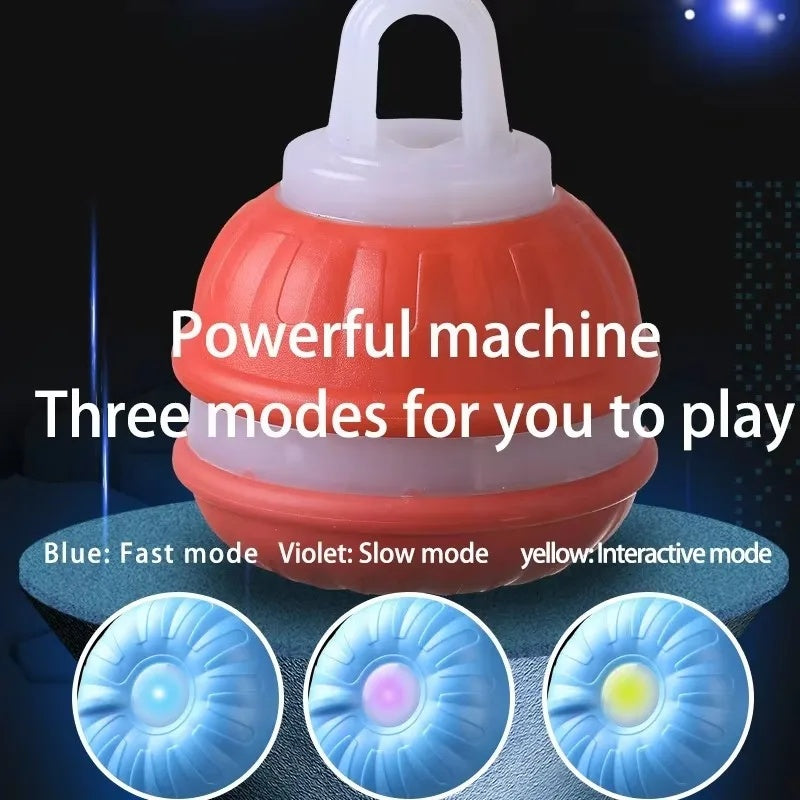 Orange smart rolling ball showcasing its three interactive LED light modes in blue, violet, and yellow.