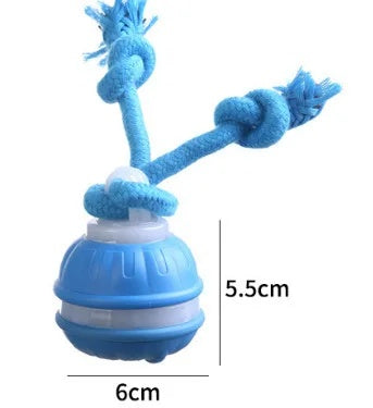 Blue smart rolling ball toy with durable cotton rope handle designed for small dog chewing and chasing.