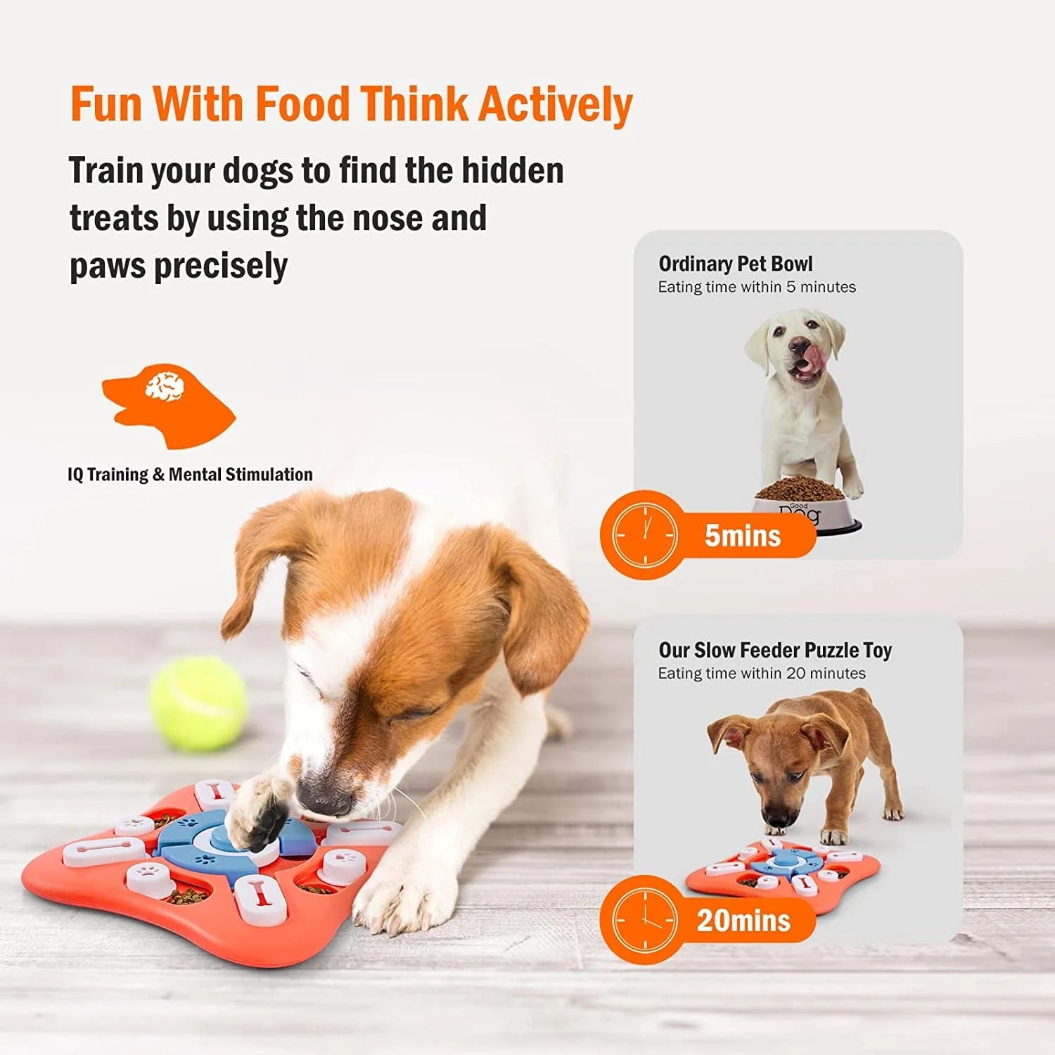 Infographic showing a dog playing with the slow feeder puzzle toy, comparing normal bowl eating to puzzle feeding.