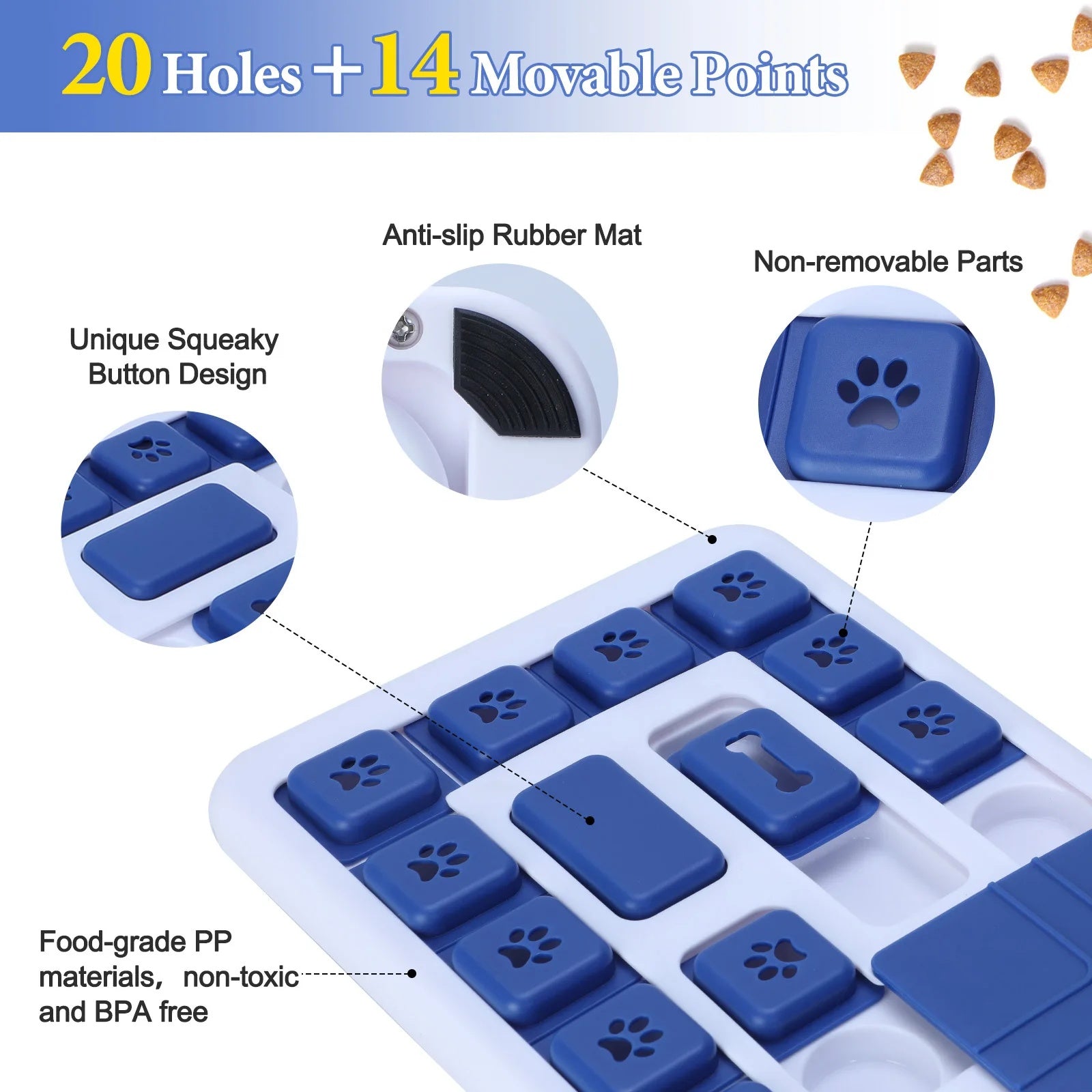 Close-up diagram of the dog slow feeder highlighting the anti-slip rubber mat, squeaky button, and BPA-free material.