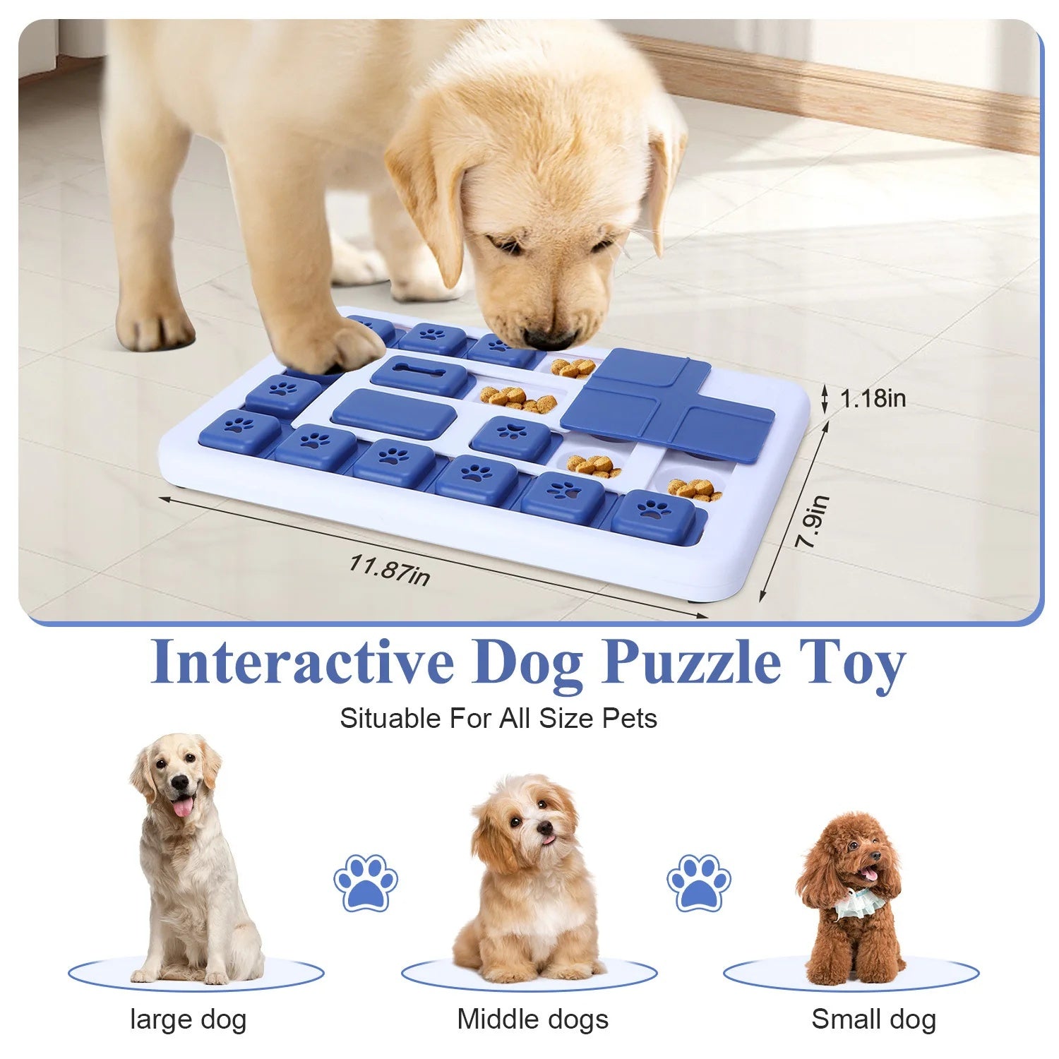 Golden Retriever puppy playing with the interactive slow feeder toy, showing dimensions and suitability for all sizes.