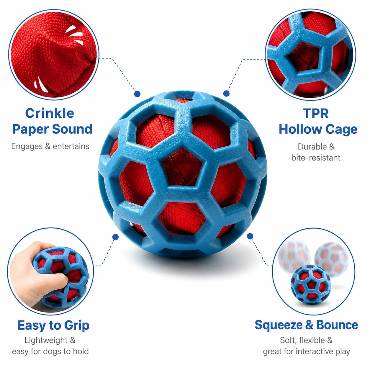 Infographic detailing the features of the TPR hollow cage dog ball including crinkle paper sound and flexible grip.