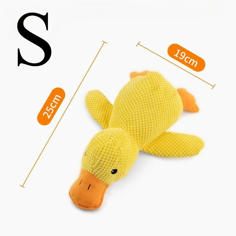 Small size yellow plush duck dog toy measuring 25cm by 22cm, perfect companion for puppies and small dogs.