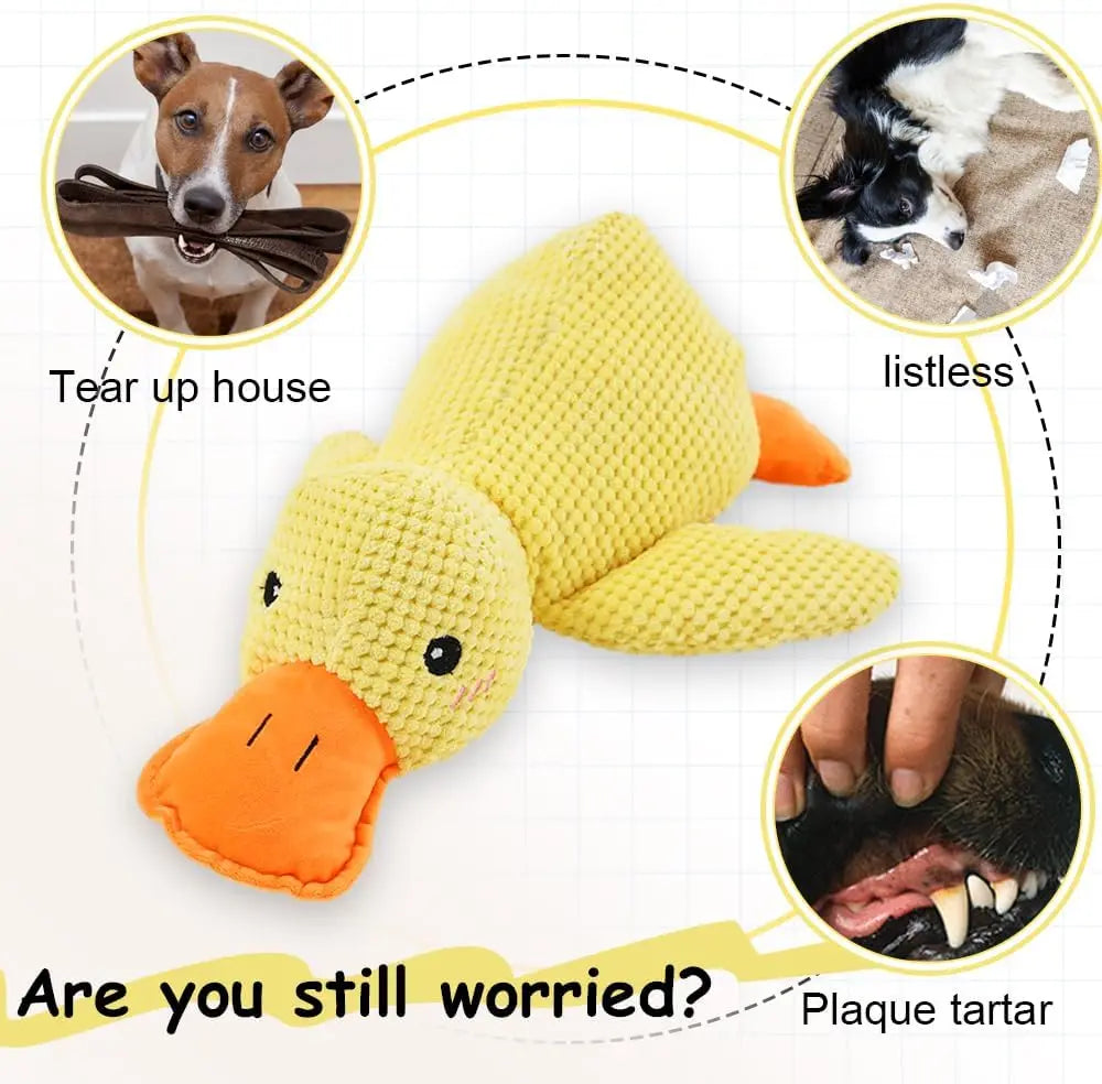 Yellow duck dog toy shown as a solution for boredom, destructive chewing, and plaque tartar dental care.