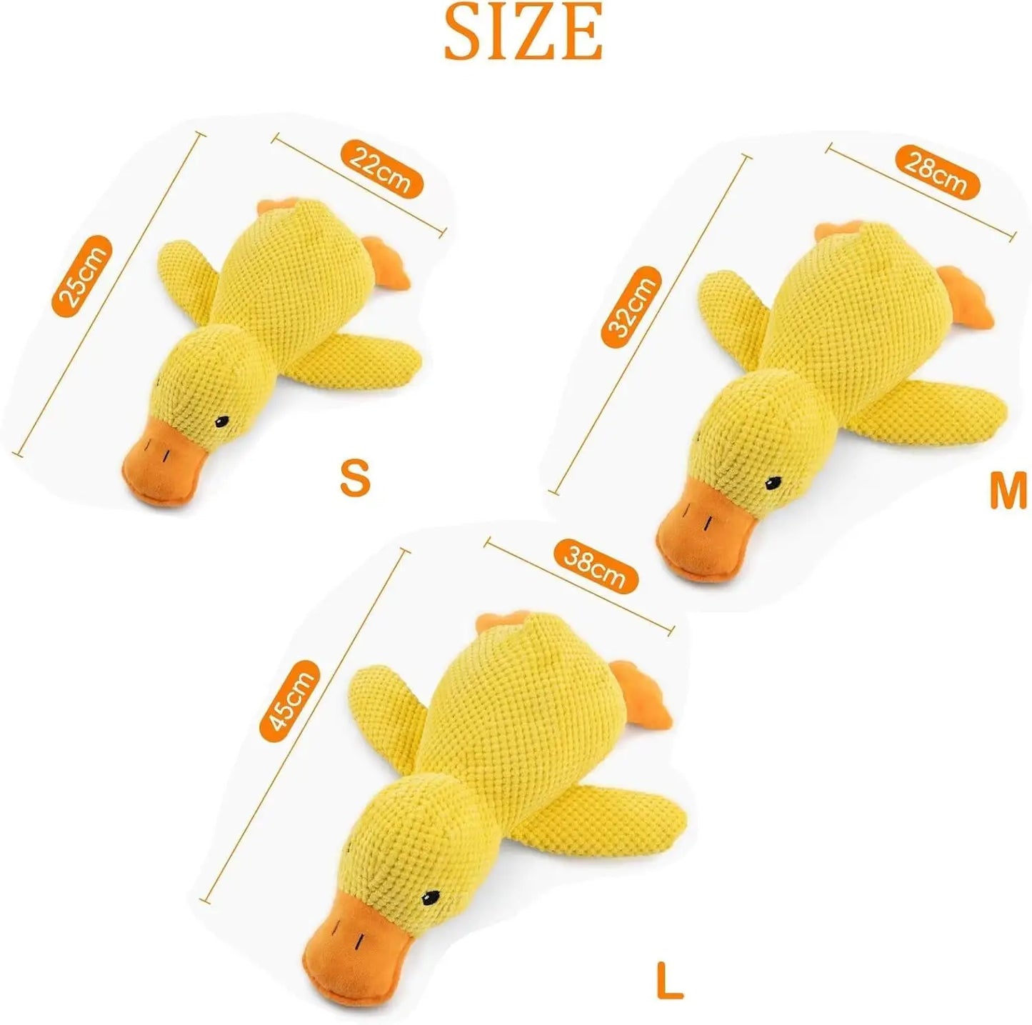 Size guide showing small, medium, and large options of the yellow plush duck dog toy with detailed measurements.