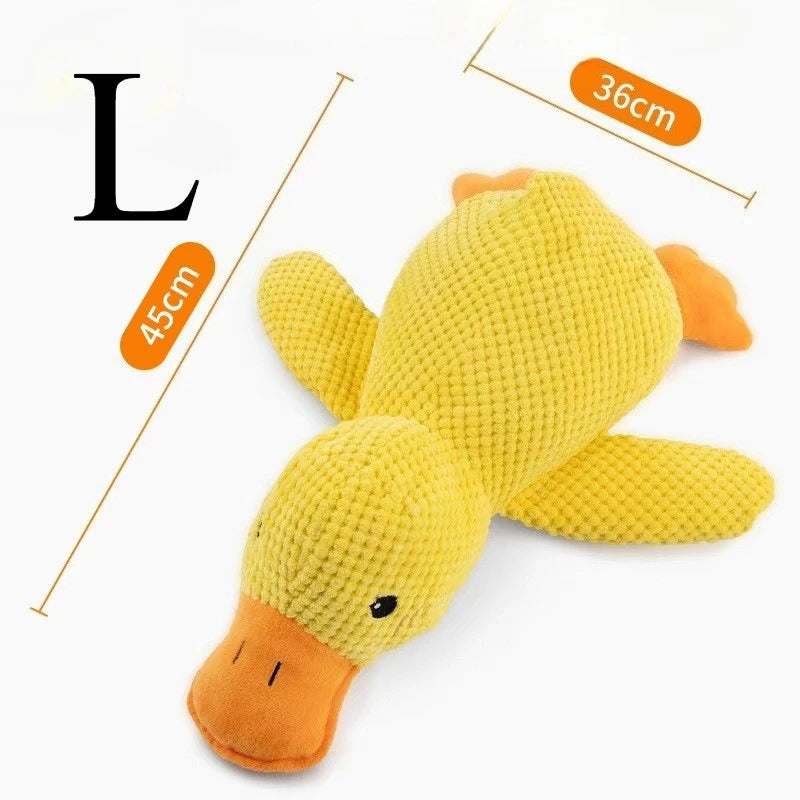 Large size yellow plush duck dog toy measuring 45cm by 36cm, perfect for medium to large breed dogs.