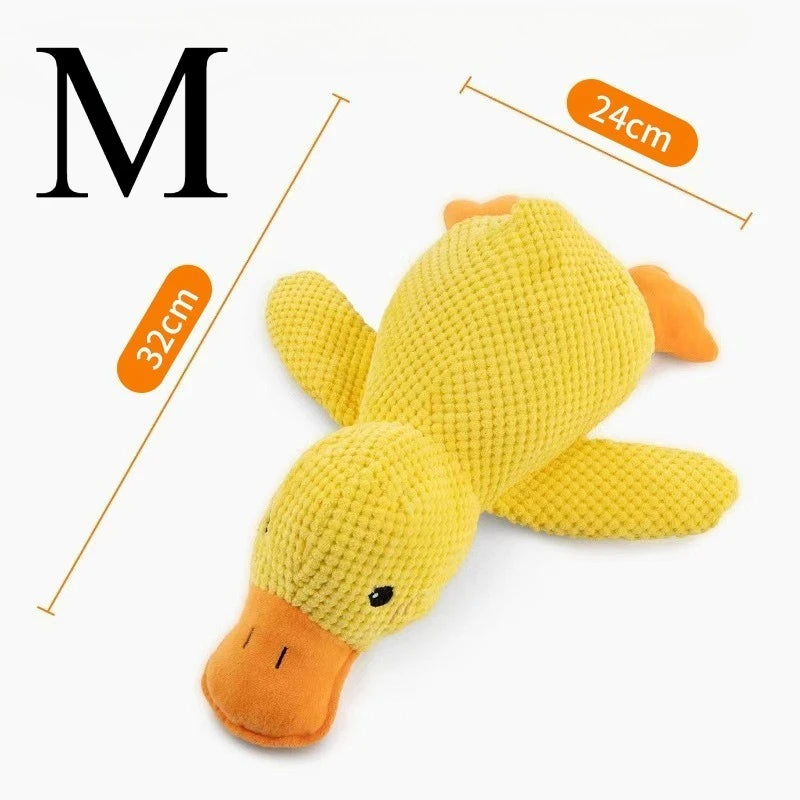 Medium size yellow squeaky duck plush dog toy measuring 32cm by 24cm, ideal for small and medium dogs.