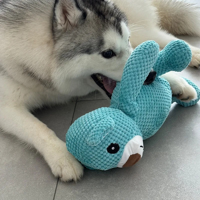 A playful Husky puppy chewing on a durable blue plush bear squeaky toy on a grey tiled floor.