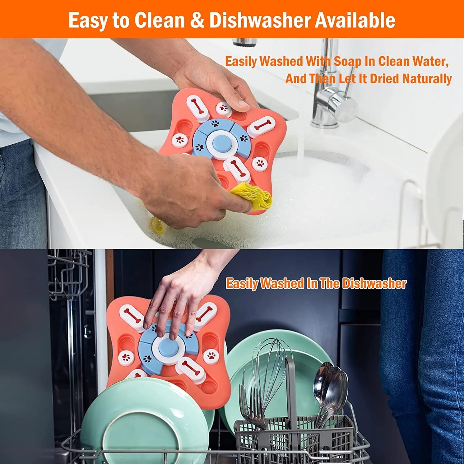 Split screen showing the orange dog slow feeder being washed under a faucet and placed inside a dishwasher.