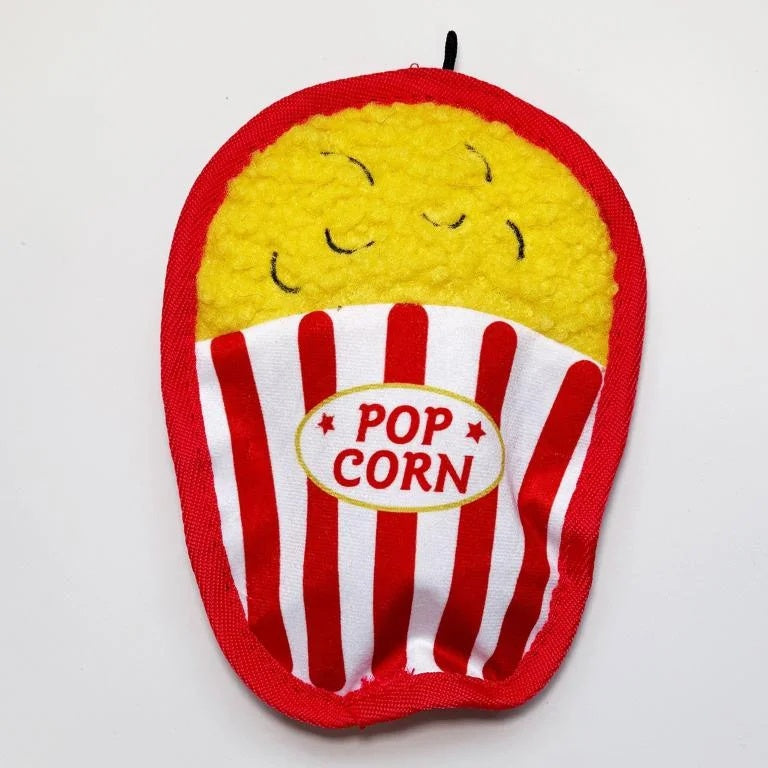 Popcorn bucket plush dog toy in red and white stripes with a yellow textured popcorn top and squeaker.
