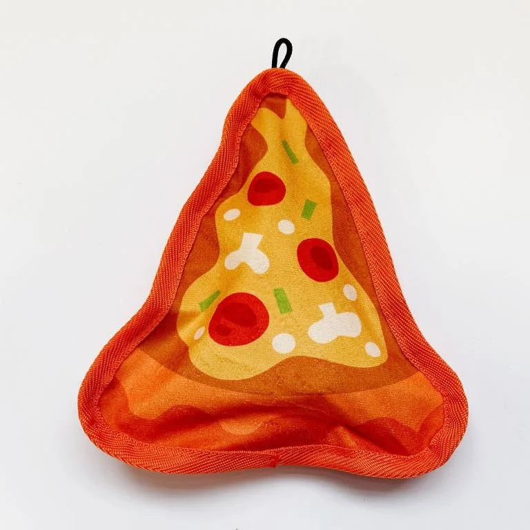 Slices of pizza plush dog toy featuring printed pepperoni, mushrooms, and a green pepper design.