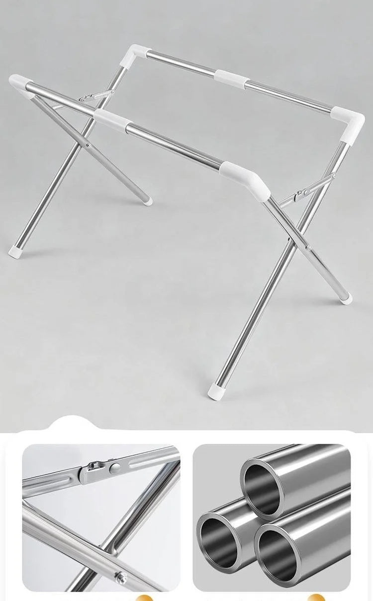 Detail of the heavy-duty stainless steel tubes and sturdy folding joints of the pet grooming hammock stand.