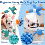 Comparison of Gigletto upgraded durable blue goose dog toy versus fragile green plush toys. Close-up of reinforced pineapple texture fabric and French Bulldog puppy chewing.