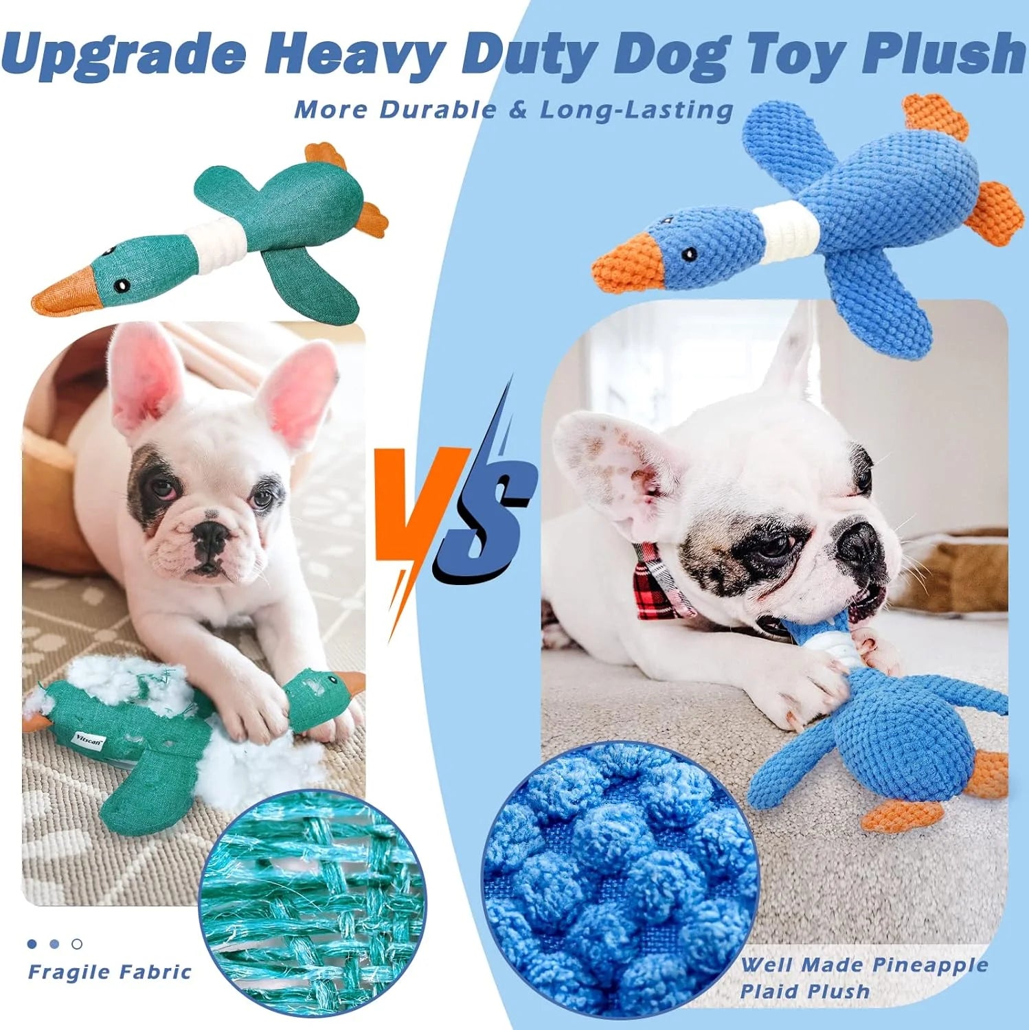 Comparison of Gigletto upgraded durable blue goose dog toy versus fragile green plush toys. Close-up of reinforced pineapple texture fabric and French Bulldog puppy chewing.