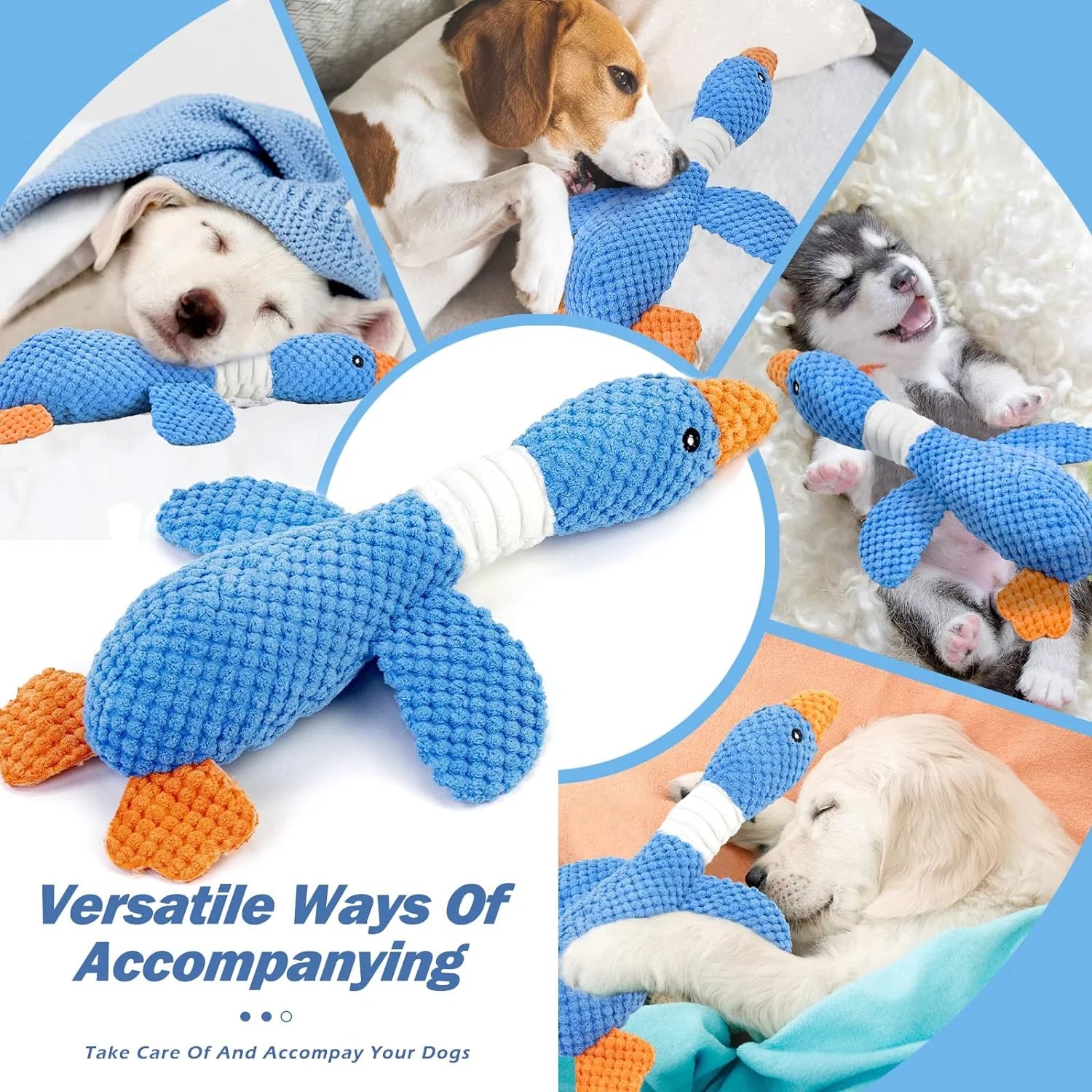 Soft plush goose dog toy used as a comfort pillow and anxiety relief toy. Collage of Husky, Beagle, and Golden Retriever puppies sleeping and cuddling with the blue goose toy.