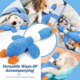 Soft plush goose dog toy used as a comfort pillow and anxiety relief toy. Collage of Husky, Beagle, and Golden Retriever puppies sleeping and cuddling with the blue goose toy.