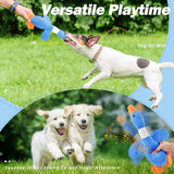 Outdoor tug of war game with Jack Russell and blue goose toy. Golden Retriever puppies running towards the squeaky sound to increase gametime and exercise.