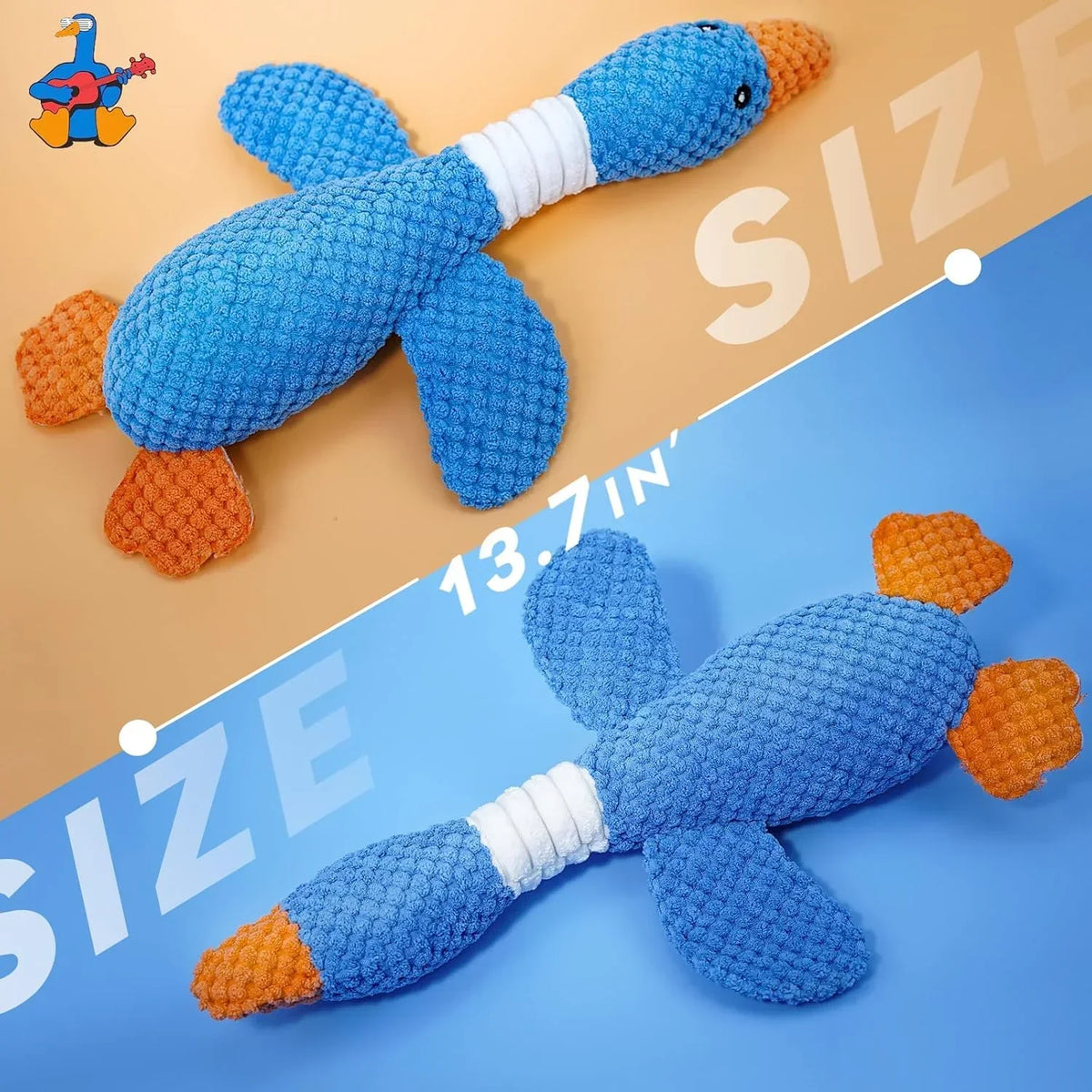 Dimensions of Gigletto blue goose plush dog toy measuring 13.7 inches in length. Top view of textured pineapple fabric with cute Husky puppy lying next to the toy.