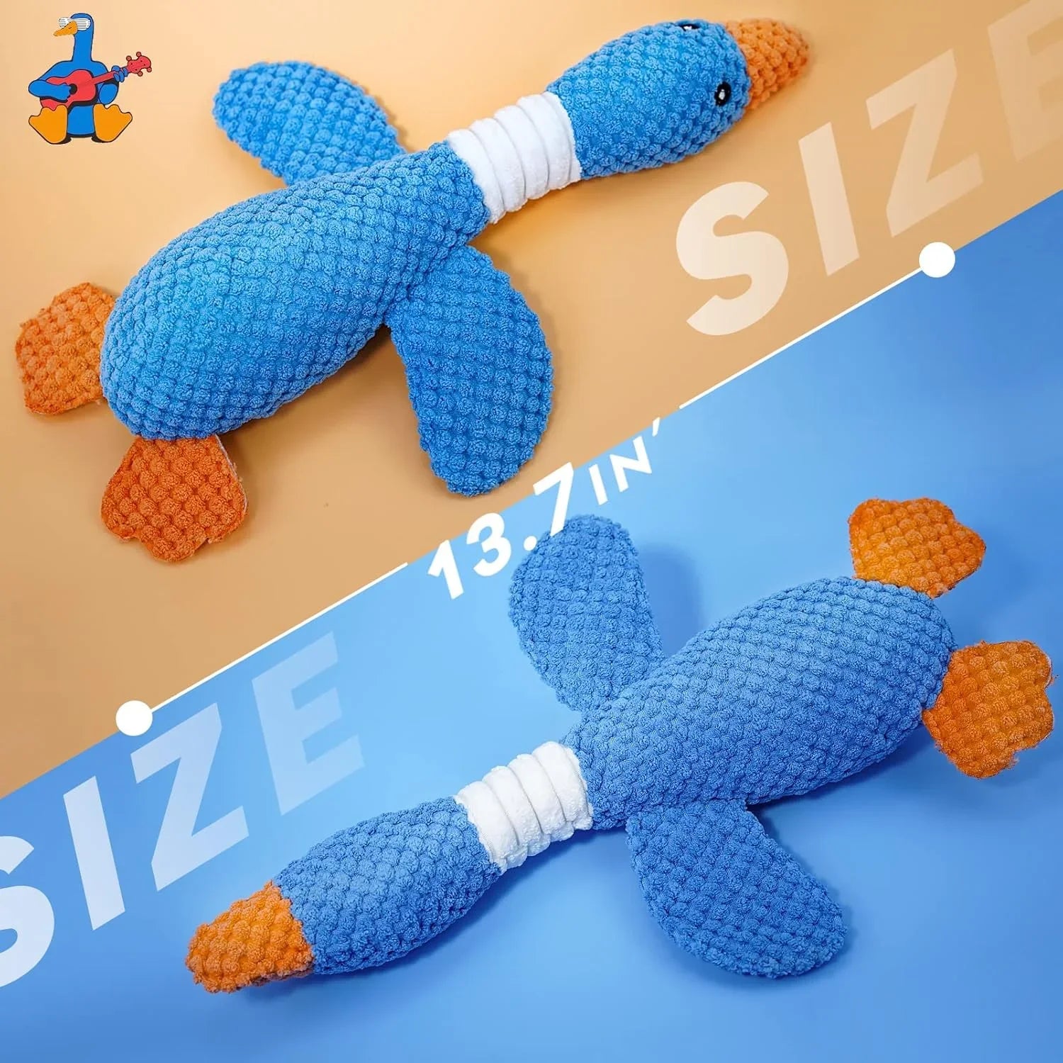 Dimensions of Gigletto blue goose plush dog toy measuring 13.7 inches in length. Top view of textured pineapple fabric with cute Husky puppy lying next to the toy.