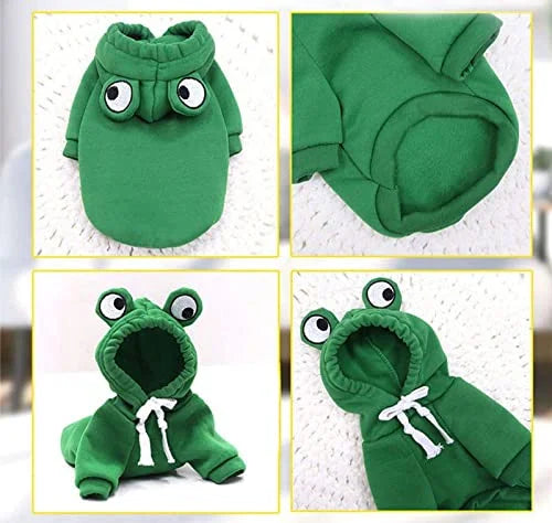 Product details of the green frog dog hoodie showing the high-cut potty-friendly belly, soft fleece lining, and 3D hood.