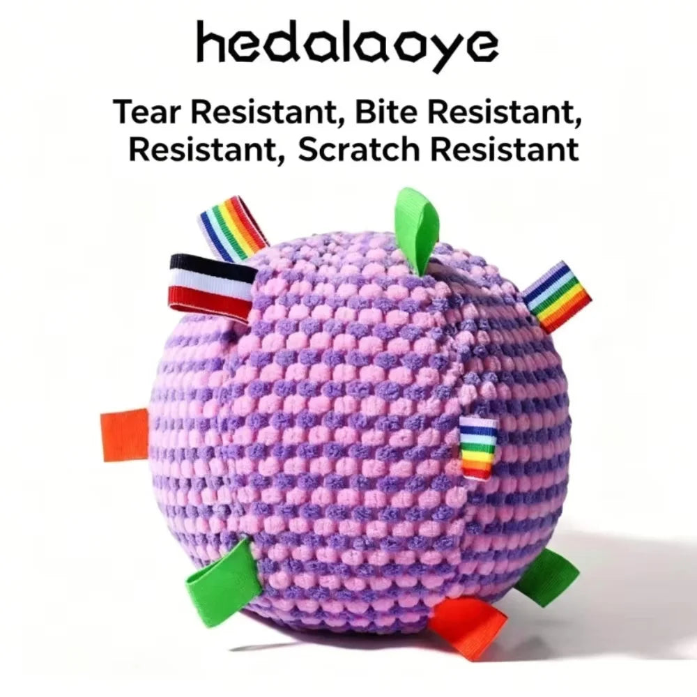A small dog happily fetching the colorful squeaky plush sensory ball toy on a cozy rug.