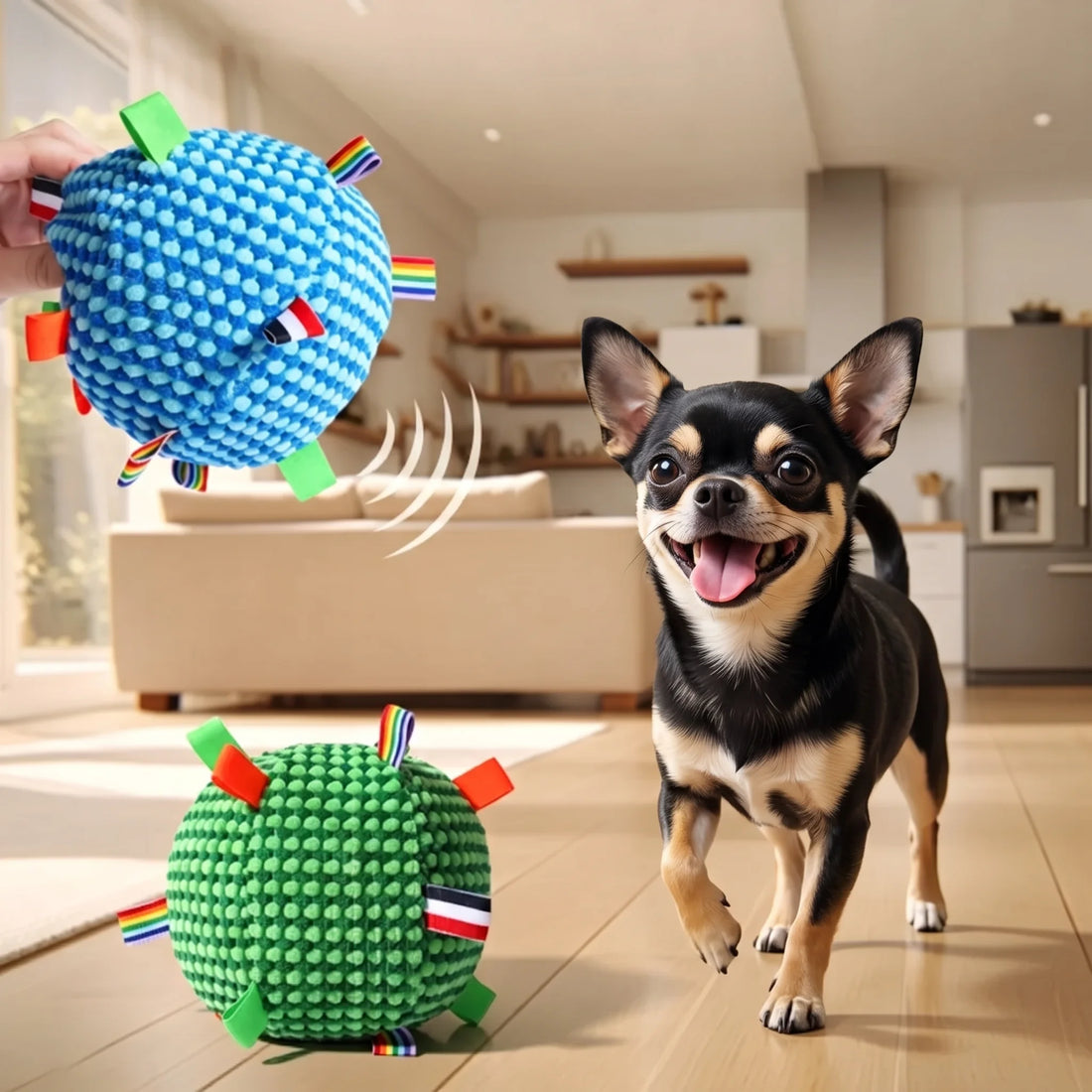 Happy Chihuahua dog playing with the green and blue squeaky plush sensory toy balls on a living room floor.