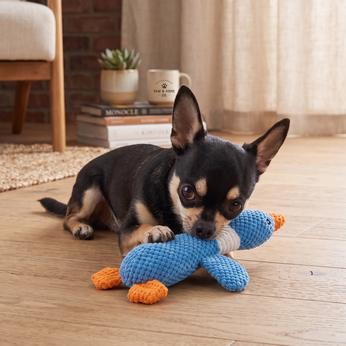 Blue plush goose dog toy with pineapple texture and squeaker