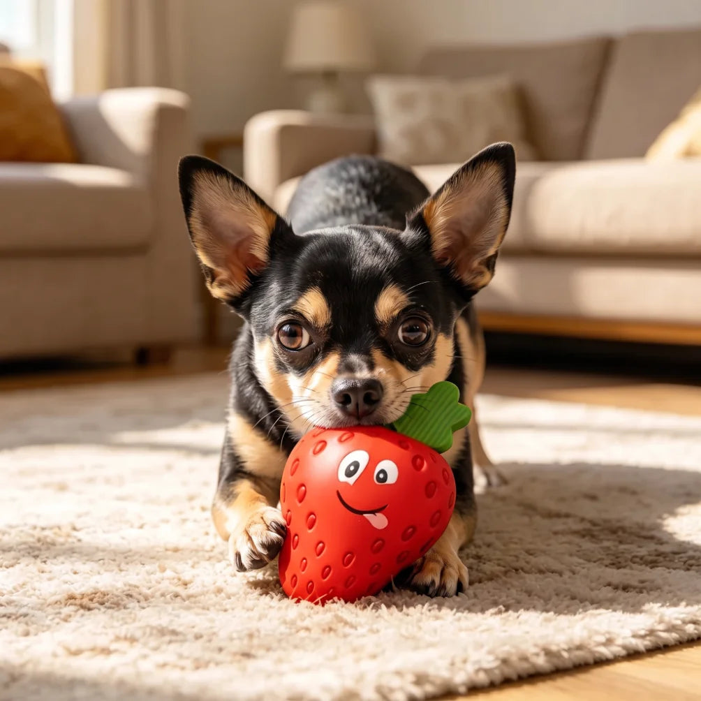 Small Chihuahua happily chewing on a red strawberry rubber dog toy on a cozy living room rug.