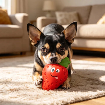 Small Chihuahua happily chewing on a red strawberry rubber dog toy on a cozy living room rug.