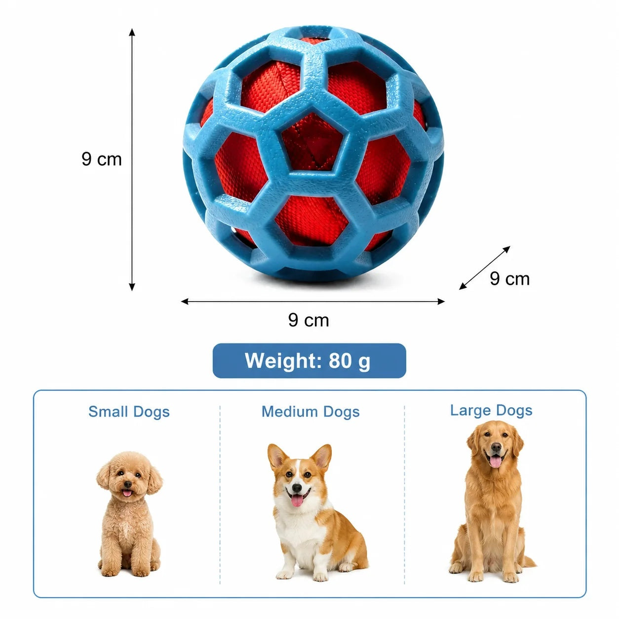 Size chart infographic showing the 9cm diameter and 80g weight of the hollow dog ball for small, medium, and large dogs.
