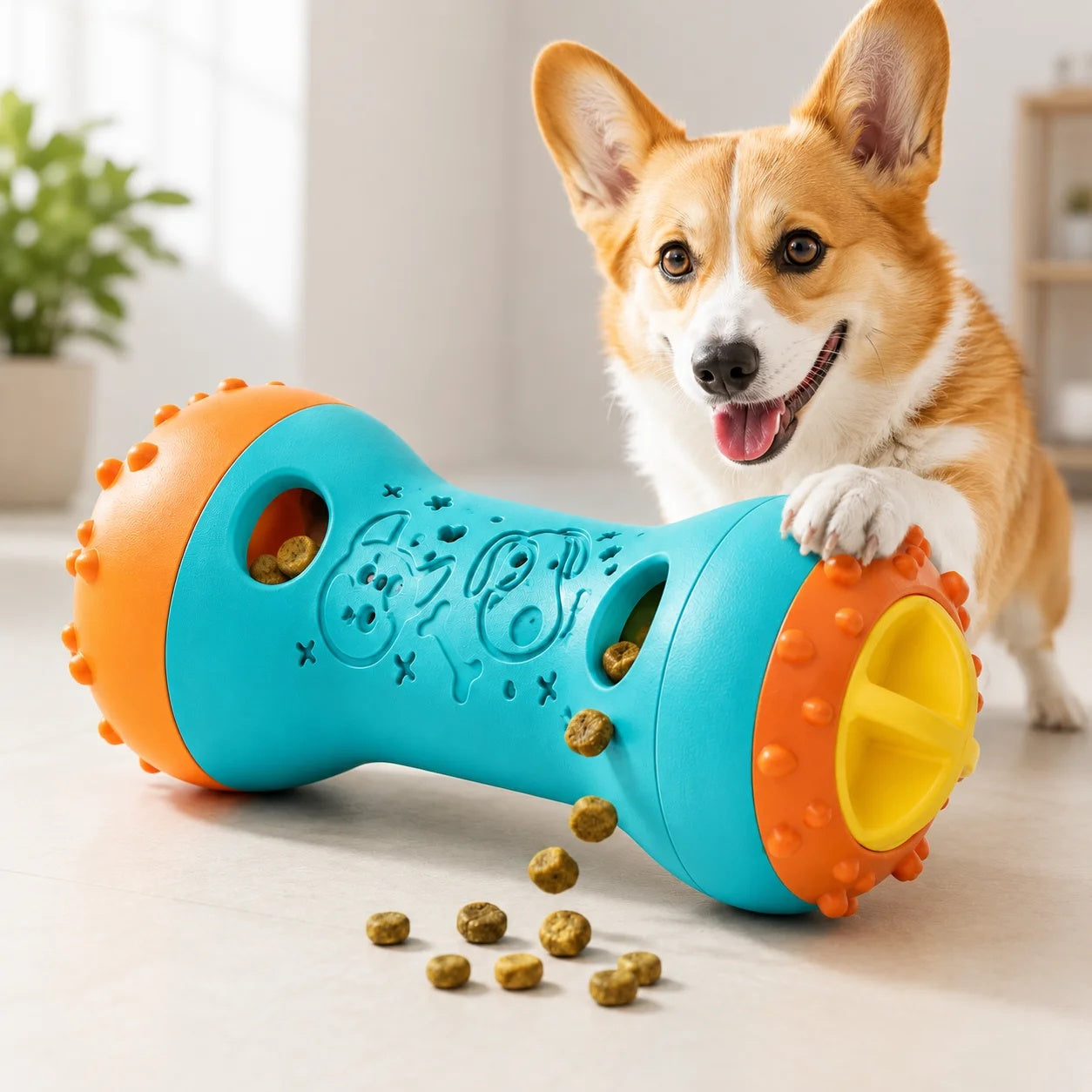 Happy Corgi dog playing with a blue and orange dumbbell-shaped rolling treat dispenser toy on the floor.