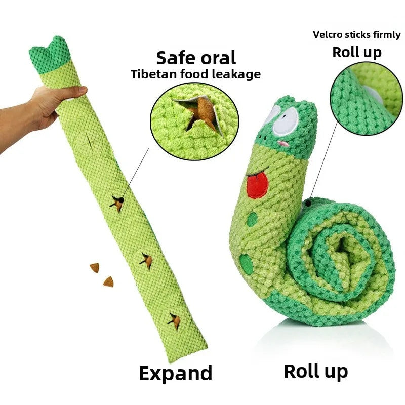 Interactive dog toy demonstrating how to expand for hiding treats and roll up using secure velcro fasteners.
