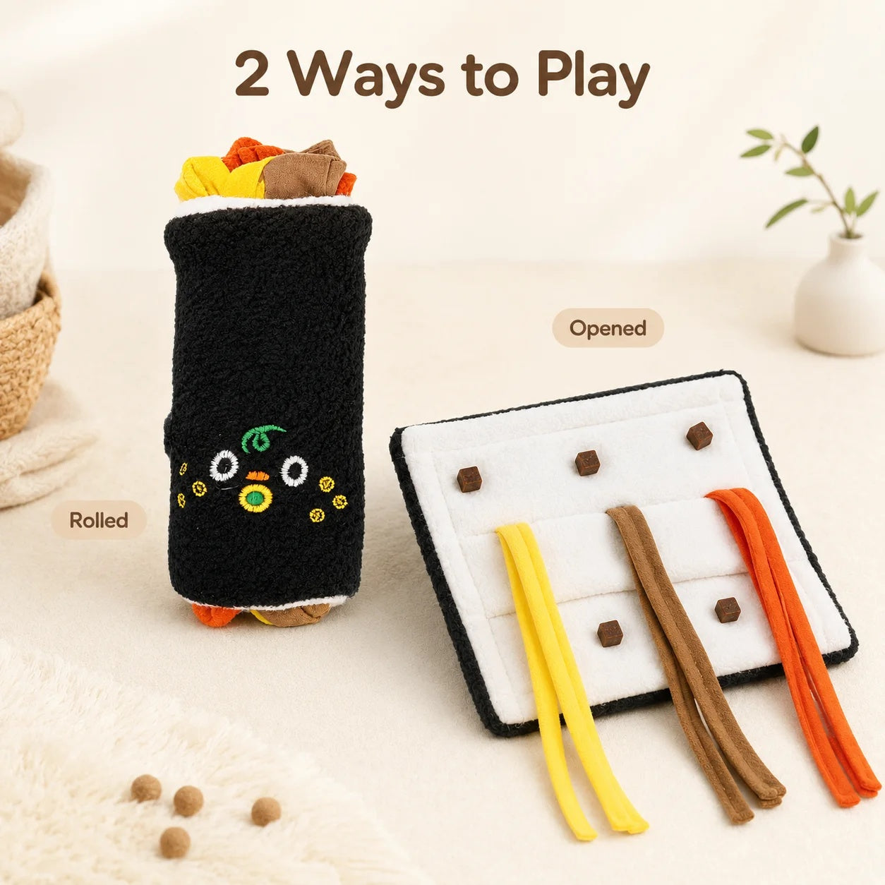 Infographic showing two ways to play with the sushi toy: rolled up as a plush roll or opened flat as a snuffle mat.